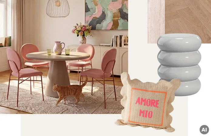 Bildcollage: Beiger runder Esstisch mit rosa Polsterstühlen und dünnem Gestell, Bohoteppich in beige, beiges Kissen mit Neon Schriftzug Amore Mio und weißer runder Beistelltisch