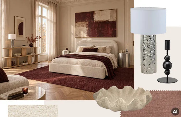Schlafzimmer mit cremefarbenem Bett und Bordeauxteppich, großes Wandbild in beige und bordeaux, chromfarbene Beistelltische, Freisteller schwarzer Kerzenständer, Chrom-Tischlampe