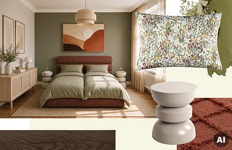 Braunrotes Polsterbett mit olivegrüner Bettwäsche, Kunst-Wandbild in terracottatönen Grün-braun gemustertes Kissen mit Blumen, graubeiger runder Beistelltisch mit besonderer Form