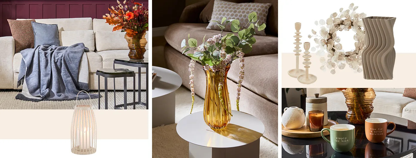 Bildcollage mit blaugrauem und braunen Kissen auf beigen Sofa und blauer Decke, Kerzenständer und Vasen auf Kommode, Kaffebecher in grün und braun auf schwarzem Couchtisch, Freisteller von brauner Vase und beigen Kerzenständern