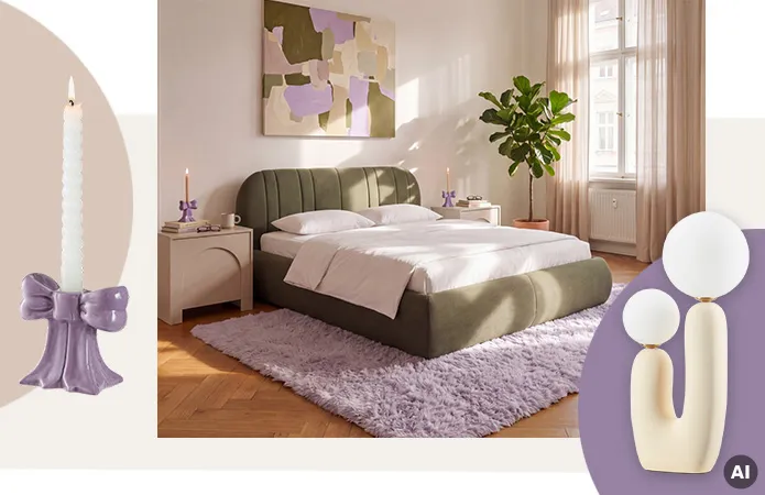 Olivefarbenes Bett, kaschmirfarbener Nachttisch mit lila Schleifen-Kerzenständer und weißer Stabkerze, Tischlampe in Creme mit zwei runden Leuchten