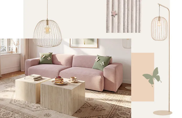Rosa Zweisitzer mit grünen Schmetterlingskissen, zwei Couchtische als Cubes in heller Holzoptik, orientalischer Teppich, Hänge- und Pendelleuchte in Creme und Schirm aus dünnen Streben