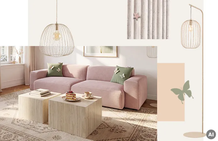 Rosa Zweisitzer mit grünen Schmetterlingskissen, zwei Couchtische als Cubes in heller Holzoptik, orientalischer Teppich, Hänge- und Pendelleuchte in Creme und Schirm aus dünnen Streben