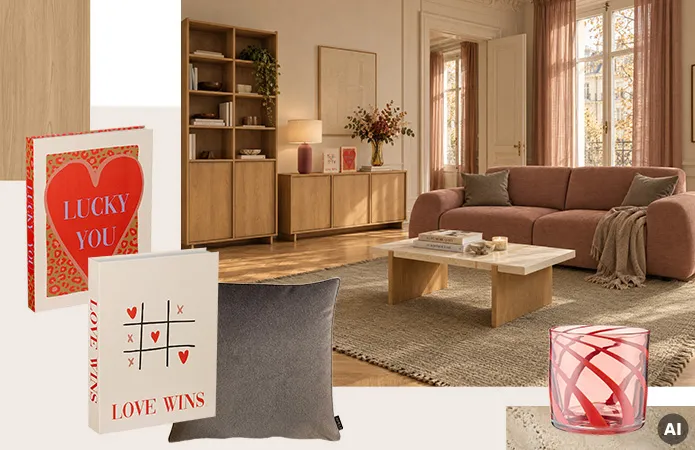 Wohnzimmer mit rosa Sofa, Holz-Couchtisch mit weißer Marmorplatte, Kommode und Highboard aus Holz, Freisteller Dekobücher in weiß-rot und graues Dekokissen
