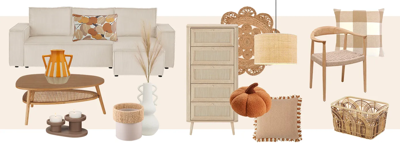 Moodboard von Produktfreistellern in beige und orangetönen und Rattanmöbel