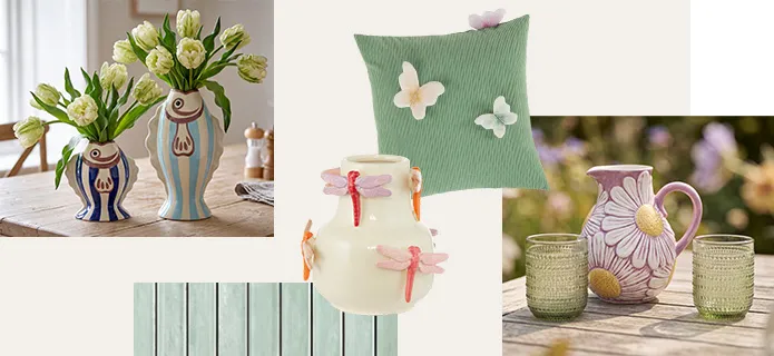 Bildcollage: Fischvasen in zwei unterschiedlichen Größen in hell- und dunkelblau gestreift mit weißen Tulpen, lila Krug mit großem Gänseblümchenmuster, grüne Wassergläser, Vase in beige mit rosa und orangenen Libellen, grünes Kissen mit Schmetterlingen