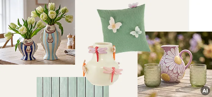 Bildcollage: Fischvasen in zwei unterschiedlichen Größen in hell- und dunkelblau gestreift mit weißen Tulpen, lila Krug mit großem Gänseblümchenmuster, grüne Wassergläser, Vase in beige mit rosa und orangenen Libellen, grünes Kissen mit Schmetterlingen