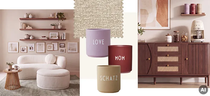 Rundes organisches beiges Sofa mit halbrundem Hocker, Wandregale aus dunklem Holz mit Dekovasen, viele Bilder an Wand und kleinem runden Holz-Couchtisch, dunkle Holzkommode mit Rattan, Tassen mit Schriftzug Schatz, Love und Mom in verschiedenen Farben