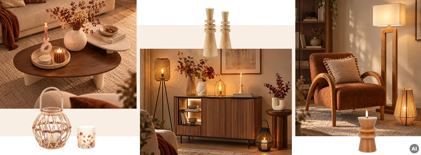 Bildcollage aus Herbstlooks mit verschiedenen, warmen Lichtquellen aus Kommode, Stehleuchte, Kerzenständern und Laternen