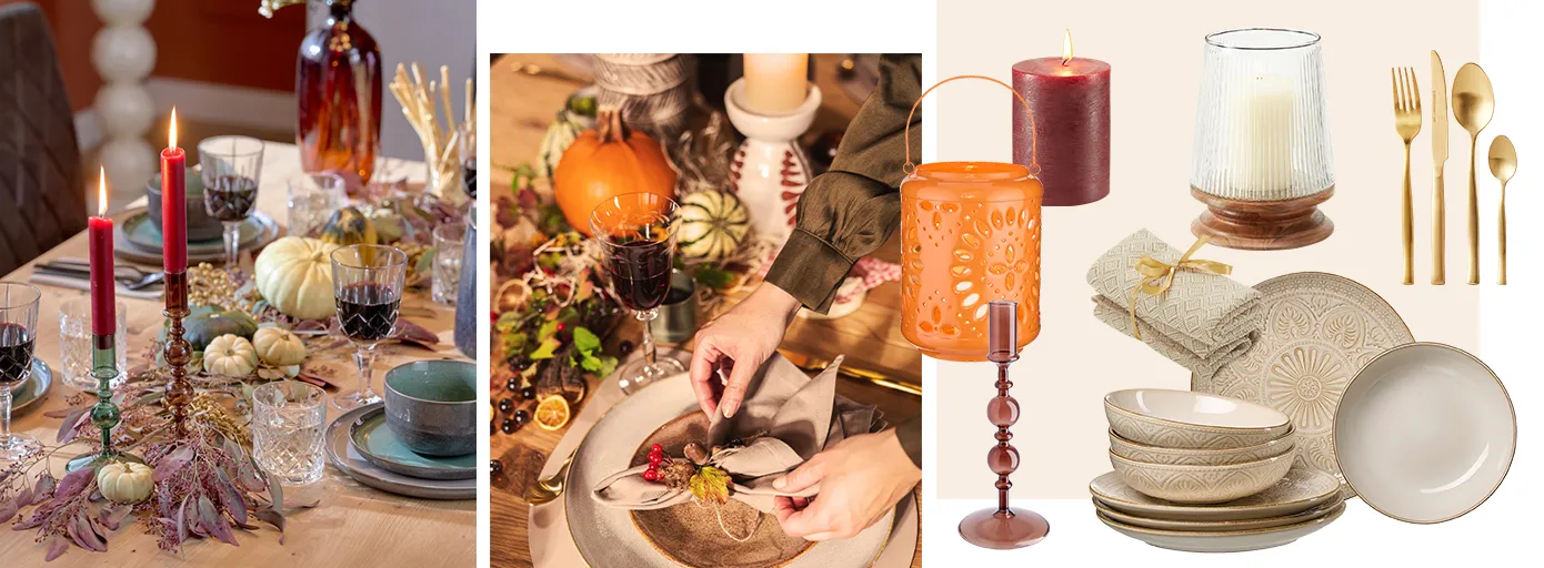 Bildcollage von zwei herbstlichen Tischdekos mit Freisteller-Produkten aus orangener Laterne, Boho-Geschirr