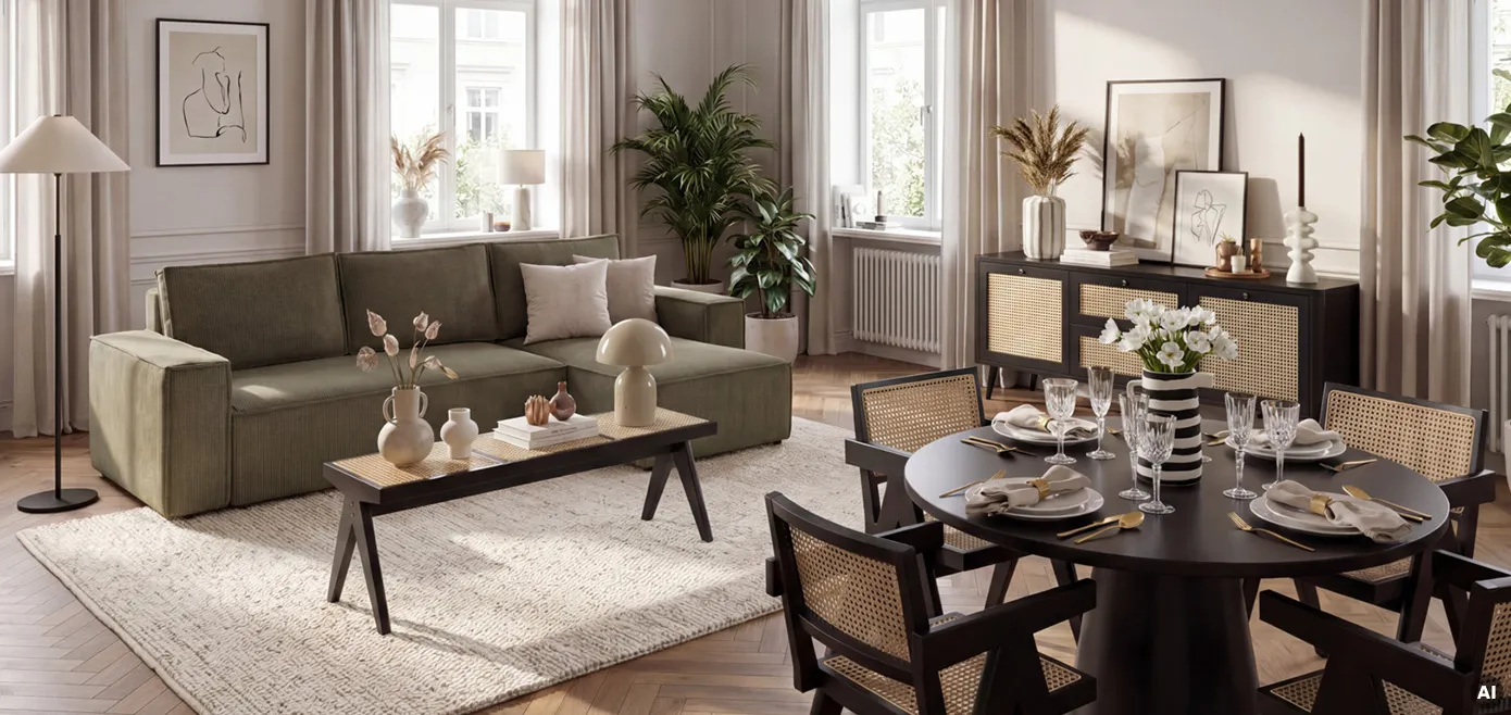 Wohnzimmer mit olivegrünem Ecksofa und schwarzer Bank mit hellem Rattangeflecht, passendes Lowboard mit beigen Vasen, vier Esszimmerstühle im gleichen Rattanstil und schwarzer runder Esstisch