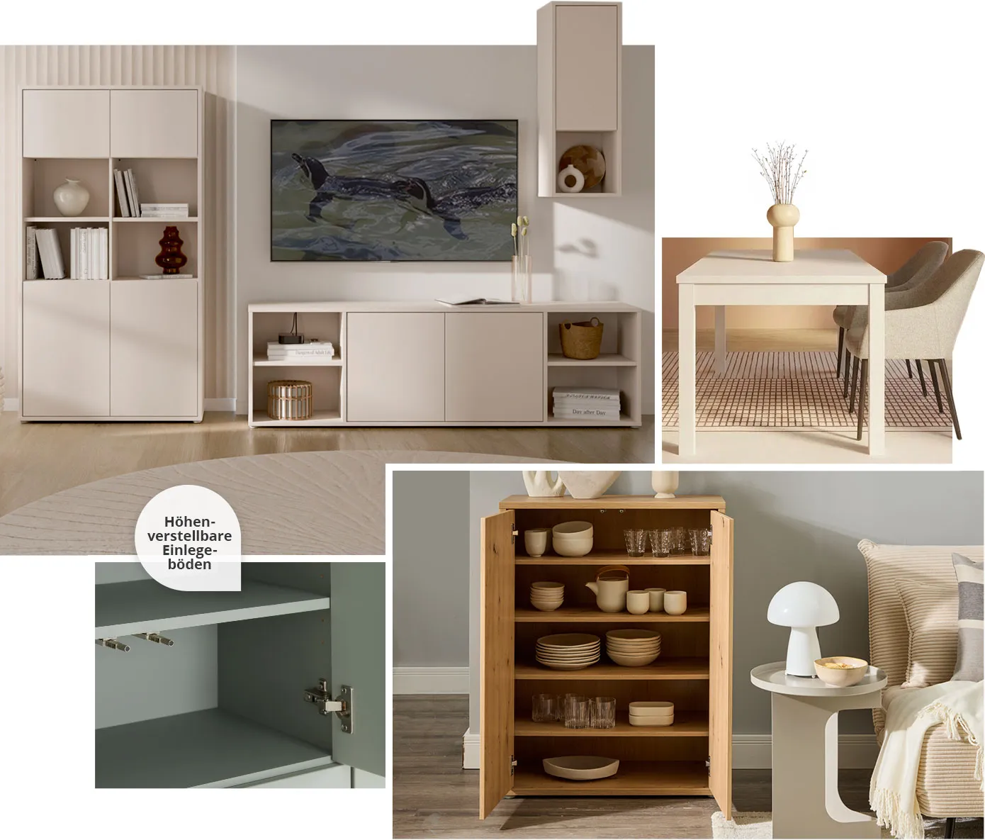 Collage. Bild 1: Wohnkombination in Beige, TV und Deko. Esstisch in Beige mit 2 beigen Polsterstühlen. Bild 3. Detail eines offenen salbeigrünen Schrankes mit Hinweis: Höhenverstellbare Einlegeböden. Bild 4: Kommode in Holzoptik mit Geschirr darin, Beistelltisch in Beige, beiges Sofa und Deko.