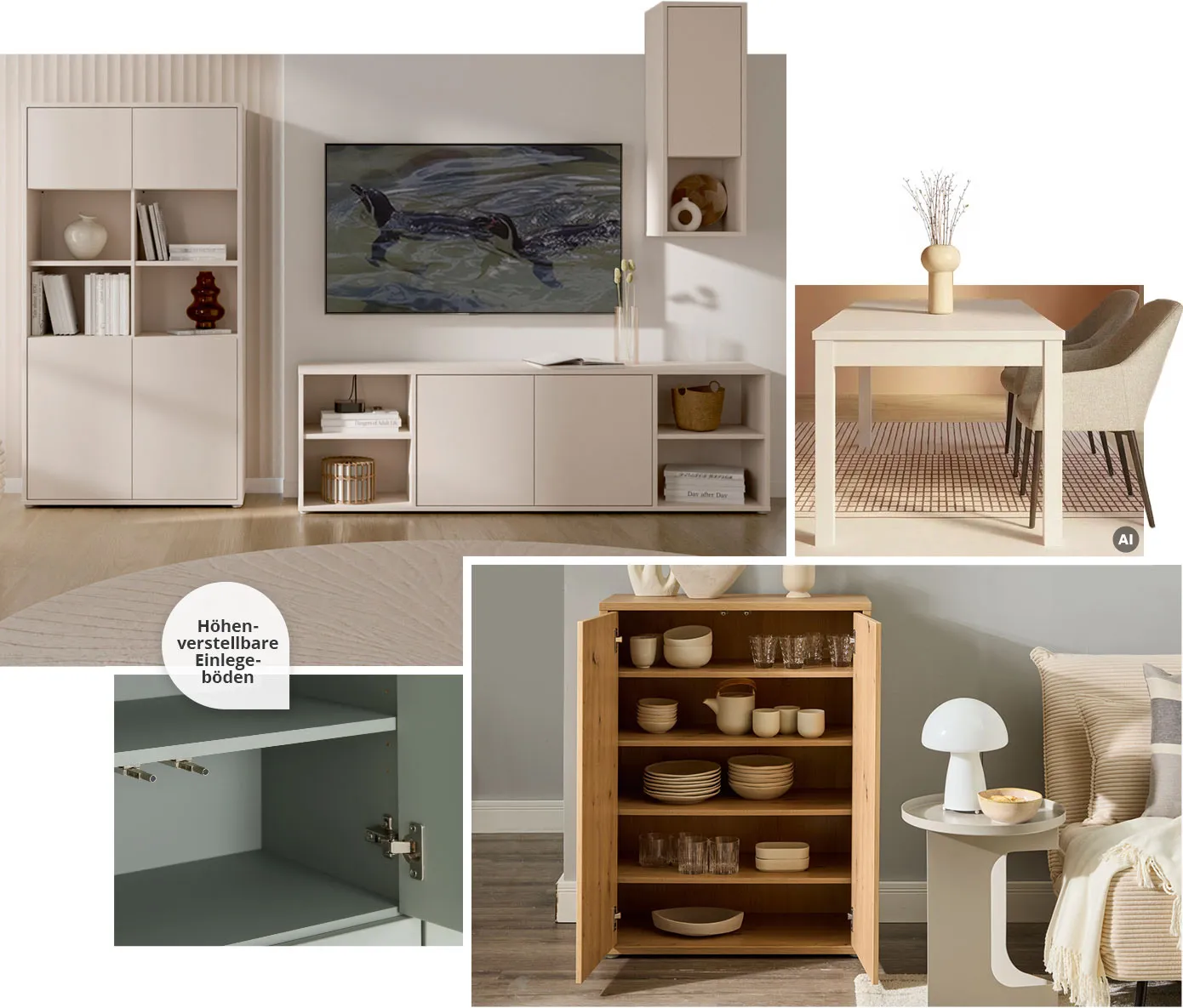 Collage. Bild 1: Wohnkombination in Beige, TV und Deko. Bild 2, AI-generiert: Esstisch in Beige mit 2 beigen Polsterstühlen. Bild 3. Detail eines offenen salbeigrünen Schrankes mit Hinweis: Höhenverstellbare Einlegeböden. Bild 4: Kommode in Holzoptik mit Geschirr darin, Beistelltisch in Beige, beiges Sofa und Deko.