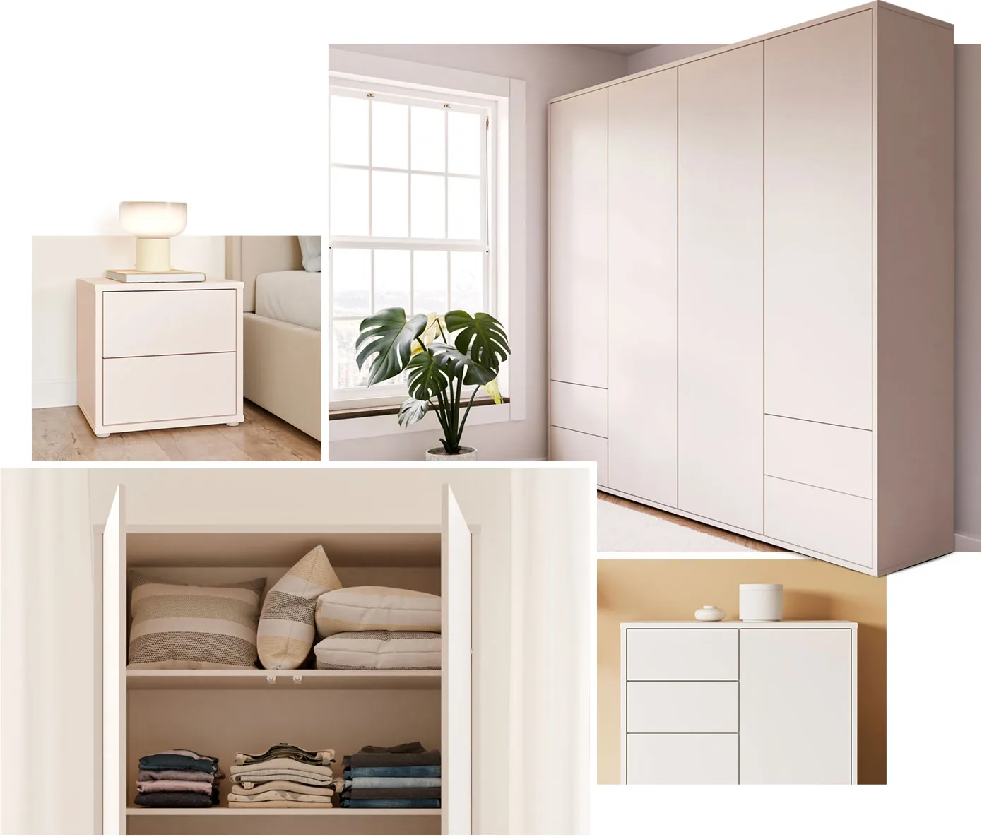 Collage. Bild 1: Nachtkommode in Beige, Buch, Tischleuchte. Bild 2: Kleiderschrank in Beige, Fenster, Pflanze. Bild 3: Detail eines offenen beigen Schrankes mit Wäsche darin. Bild 4: Detail einer beigen Kommode, Deko.