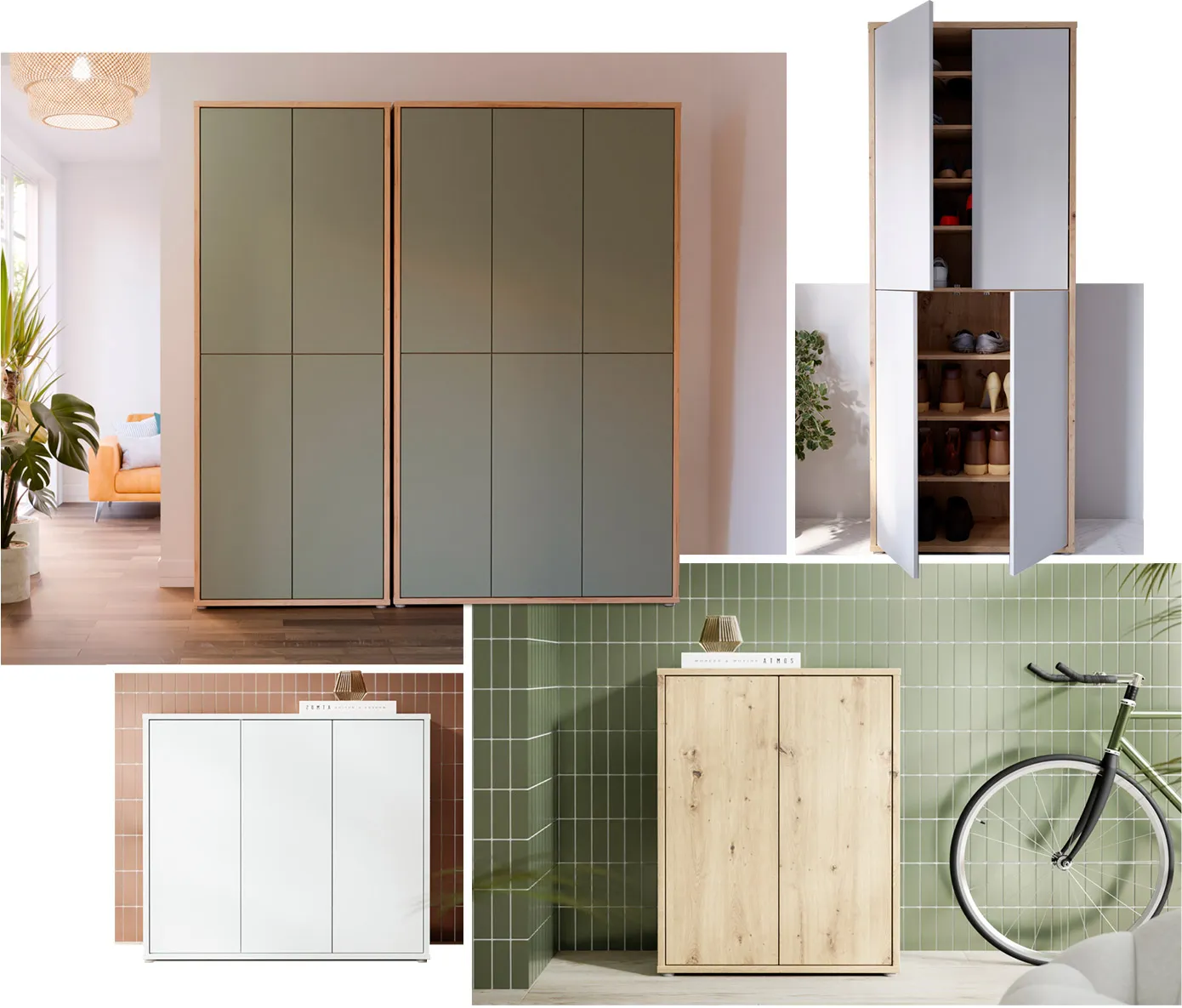 Collage. Bild 1: 2 Mehrzweckschränke in Holzoptik und Salbeigrpn in einem Flur. Bild 2: Mehrzweckschrank in Hellgrau und Holzoptik. Bild 3: Kommode in Hellgrau vor rotbraunen Fliesen. Bild 4: Kommode in Holzoptik vor grünen Fliesen, Fahrrad.