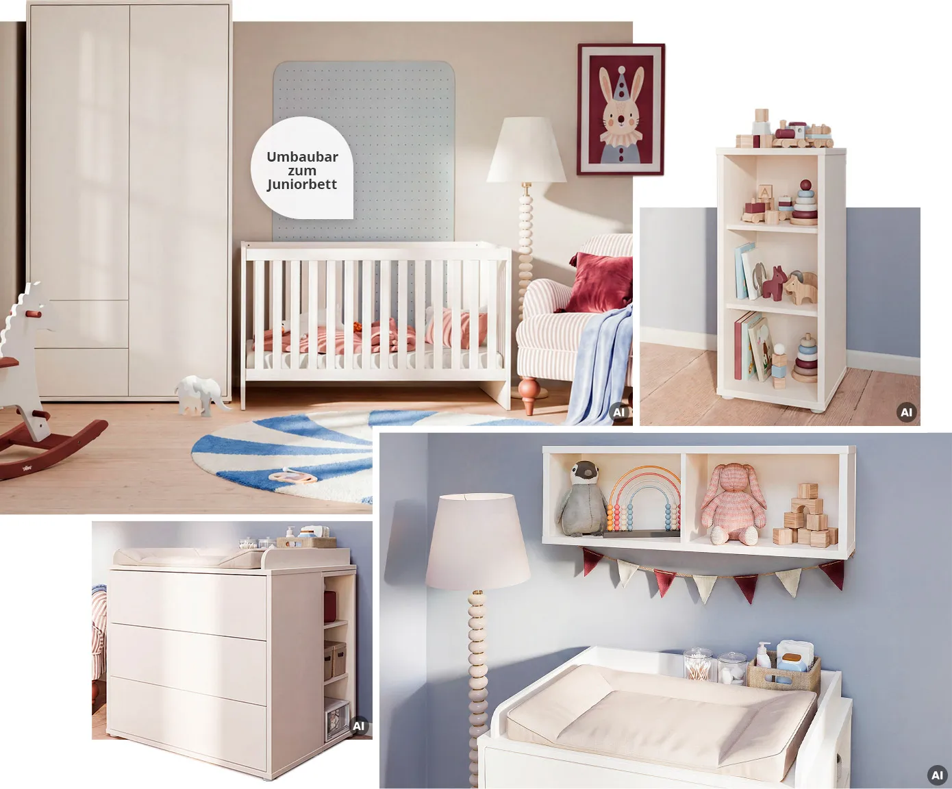 Collage. Bild 1, AI-generiert: Babyzimmer mit Schrank und Babybett in Beige, Bett mit Hinweis Umbaubar zum Juniorbett, grau-weiß gestreifter Sessel, weiße Stehlampe, blau-weißer runder Teppich, Deko. Bild 2, AI-generiert: beiges Regal mit Spielsachen darin vor blauer Wand. Bild 3, AI-generiert: beige Wickelkommode mit Wickelaufsatz und seitlichem Regal, beige Wickelauflage, Pflegeprodukte, Deko. Bild 4, AI-generiert: Draufsicht auf beigen Wickelaufsatz mit beiger Wickelauflage, Pflegeprodukte, beiges Wandregal mit Spielzeug, weiße Stehleuchte, Deko.