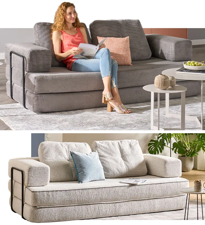 Collage aus 2 Bildern. Bild 1: Frau ist auf grauem Cord-Sofa in einem Wohnzimmer mit beigen Couchtischen. Bild 2: Cremefarbiges Chenille-Sofa in einem Wohnzimmer