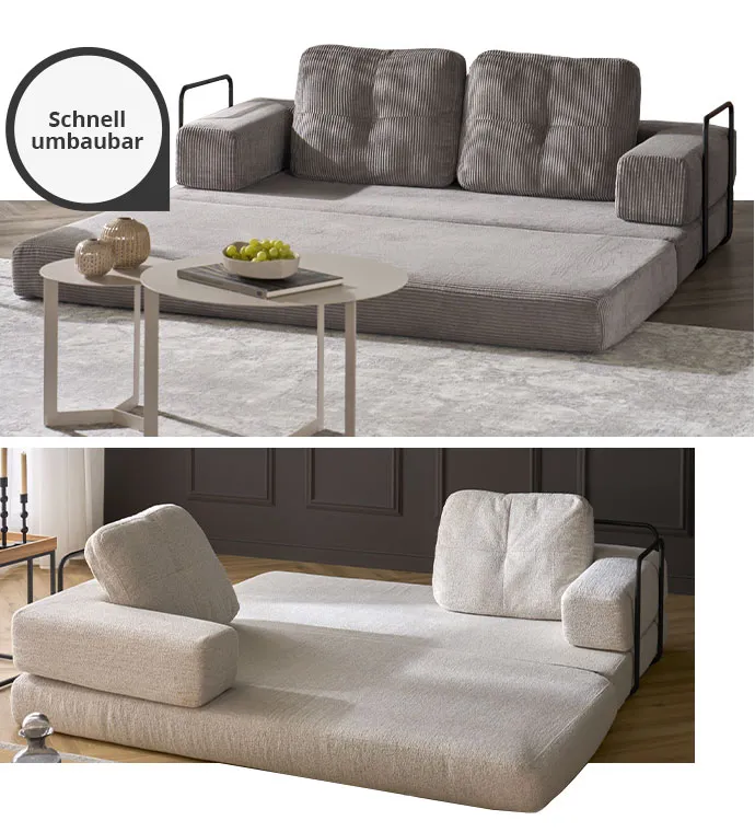 Collage aus 2 Bildern. Bild 1: Graues Cordsofa mit ausgeklappter Liegefläche mit Hinweis schnell umbaubar. Bild 2: ausgeklapptes cremefarbiges Chenille-Sofa. Beide Bilder in einem Wohnzimmer