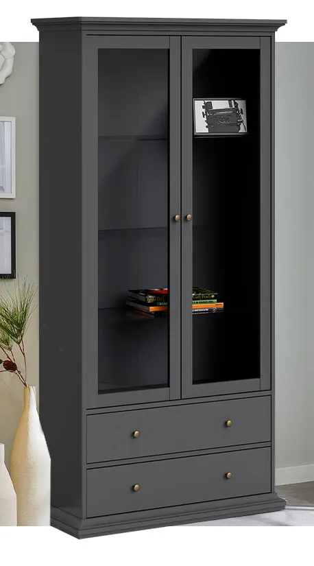 Vitrine der Serie und Dunkelgrau mit 2 Glastüren oben und 2 Schubladen unten