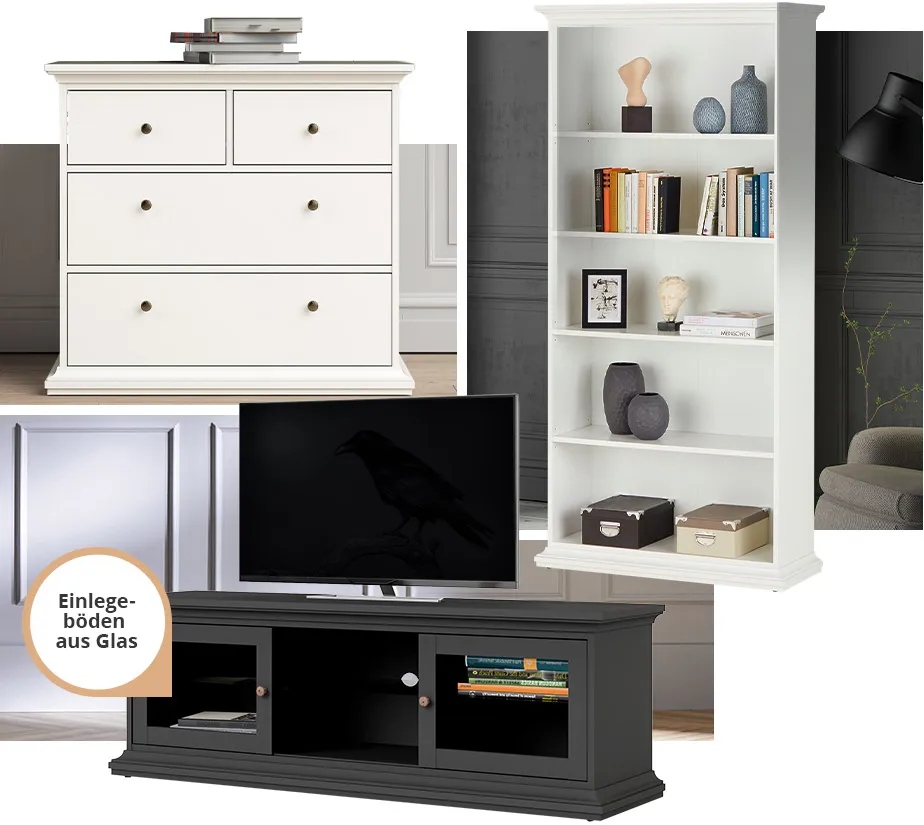 Collage aus 3 Bildern. Bild 1: Kommode in Weiß der Serie mit 2 breiten Schuladen und 2 schmalen Schubladen. Bild 2: offenes Standregal der Serie in Weiß mit 5 Ablagefächern. Bild 3: TV-Lowboard der Serie in Dunkelgrau mit Hinweistext "Einlegeböden aus Glas"