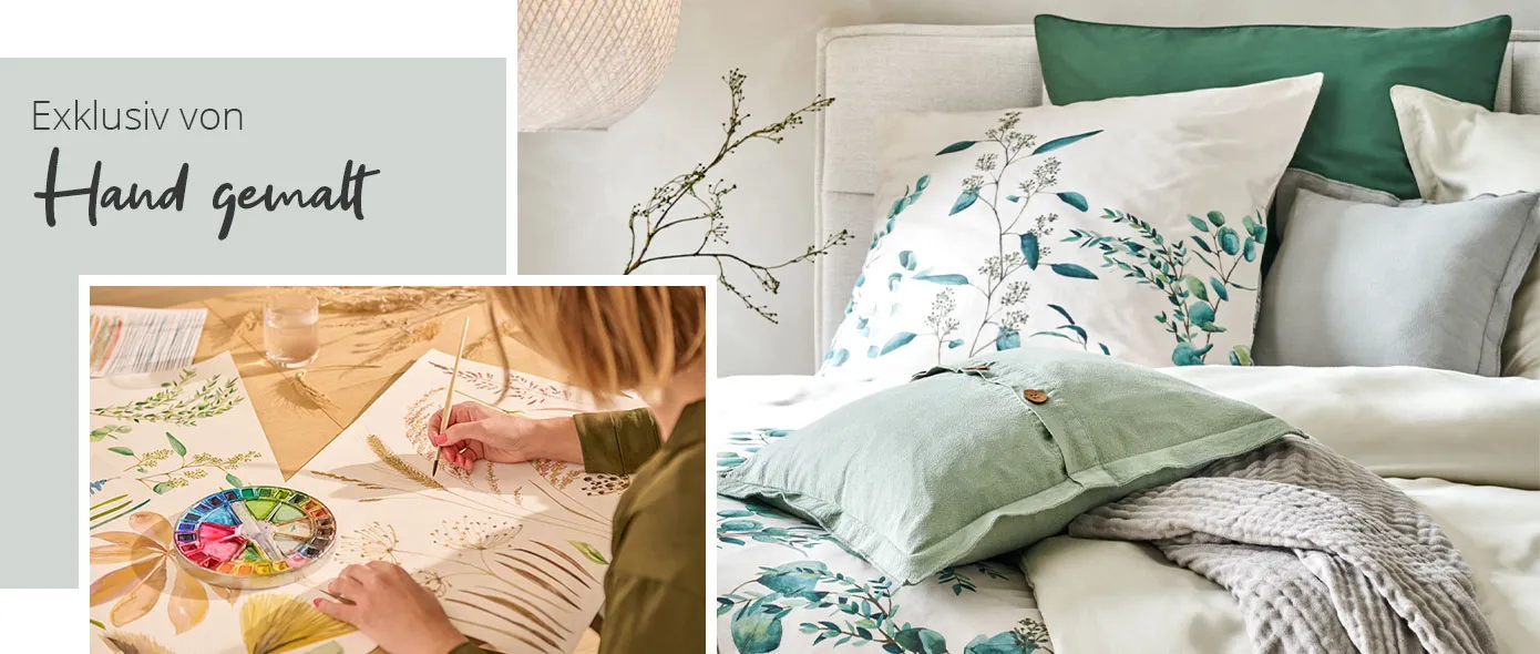 Bild 1: Designerin malt mit Aquarellfarben Pflanzenmuster, Infotext "Exklusiv von Hand gemalt". Bild 2: helles Polsterbett mit Bettwäsche in Grün, Beige und mit Eukalyptuszweig-Muster