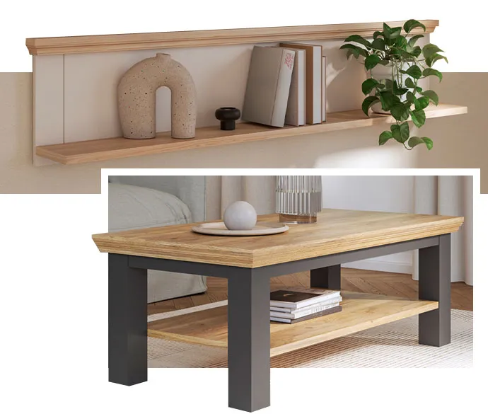 Collage aus 2 Bildern. Bild 1: Wandregal Countryside in Weiß. Bild 2: Couchtisch Countryside in Graphit.