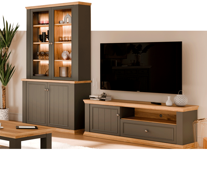 Animation der Vitrine in Graphit mit Beleuchtung an und aus, daneben TV-Lowboard ebenfalls in Graphit