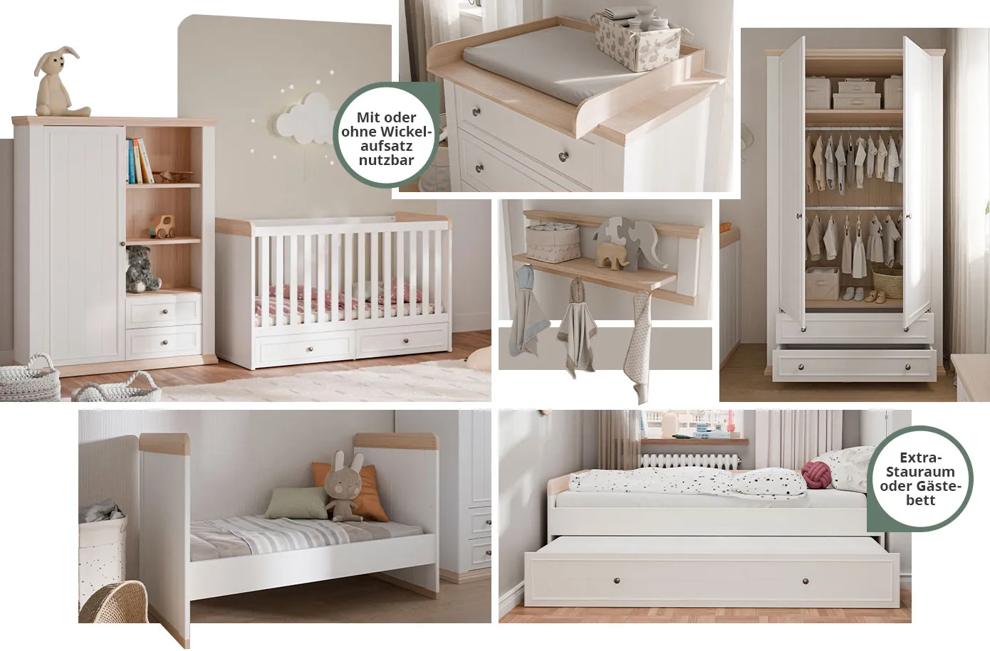 Collage aus 6 Bildern mit Countryside Babymöbeln. Bild 1: Babyzimmer mit Standregal und Babybettchen mit Bettschubkasten. Bild 2: Wickelkommode mit Hinweis "Mit oder ohne Wickelaufsatz nutzbar". Bild 3: Wandregal mit Hakenleiste. Bild 4: Kleiderschrank geöffnet mit 2 Kleiderstangen und Regalbrett innen, 2 Schubladen unten. Bild 5: Zum Juniorbett umgebautes Babybett. Bild 6: Funktionsbett mit ausgezogener Schublade und Hinweis "Extra-Stauraum oder Gästebett"