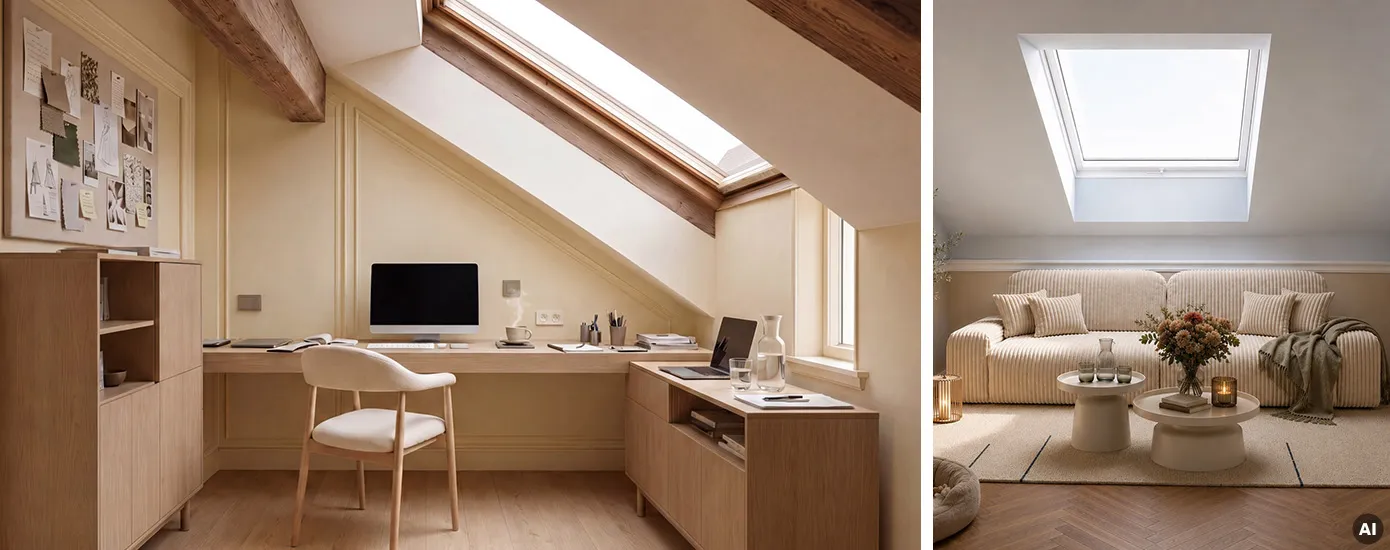 Home Office mit hellbraunen Holzmöbeln wie Kommode, tieferes Sideboard und große Arbeitsplatte an Wand unter Dachschräge, Flur mit Treppe nach oben, unter Treppe Nische mit Sitzbank und passender Kommode und Bildern an Wand