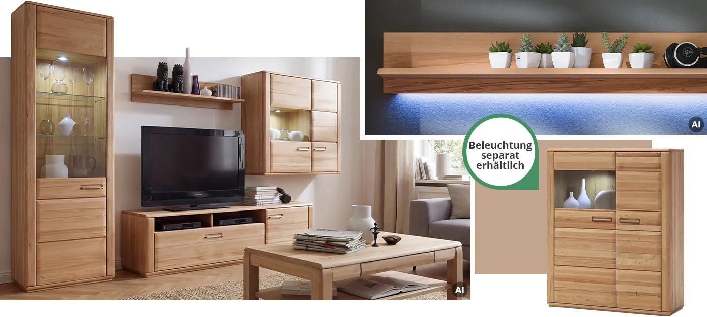 AI-generierte Collage mit Möbeln aus Kernbuche. Wohnkombination mit Beleuchtung und Couchtisch im Wohnzimmer. Wandboard mit Beleuchtung und Deko. Highboard mit Beleuchtung und Hinweis: Beleuchtung separat erhältlich.