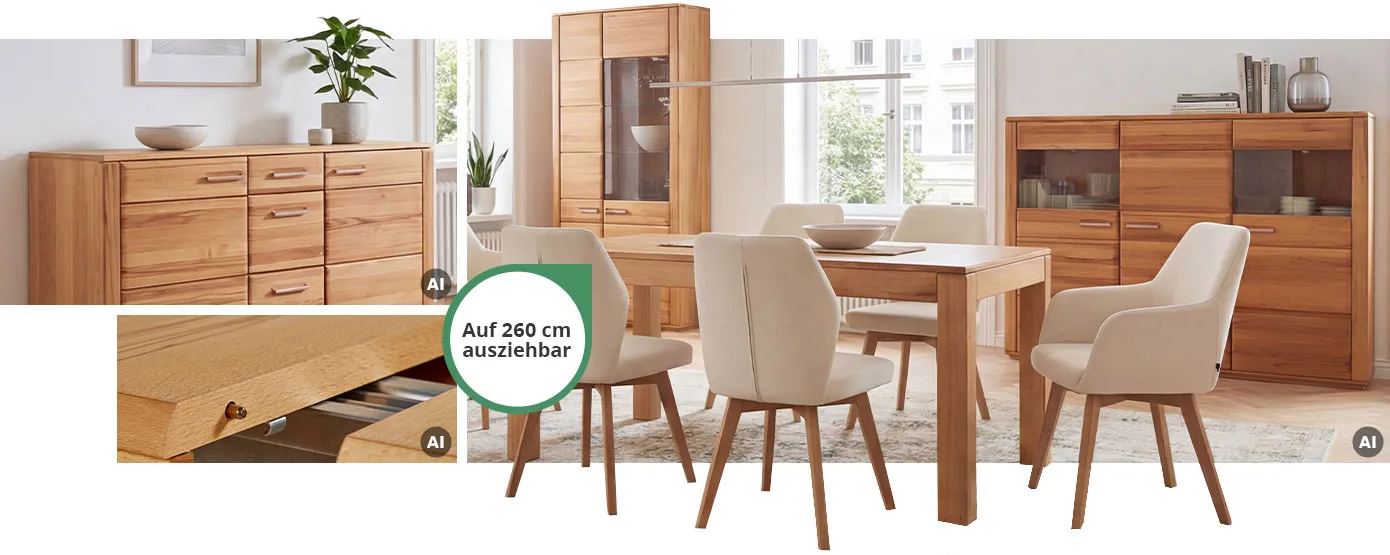AI-generierte Collage mit Möbeln aus Kernbuche. Sideboard mit Deko im Esszimmer. Esstisch mit weißen Polsterstühlen, Vitrine und Highboard im Esszimmer, Hinweis: Auf 260 cm ausziehbar. Detail des Mittelauszuges vom Esstisch