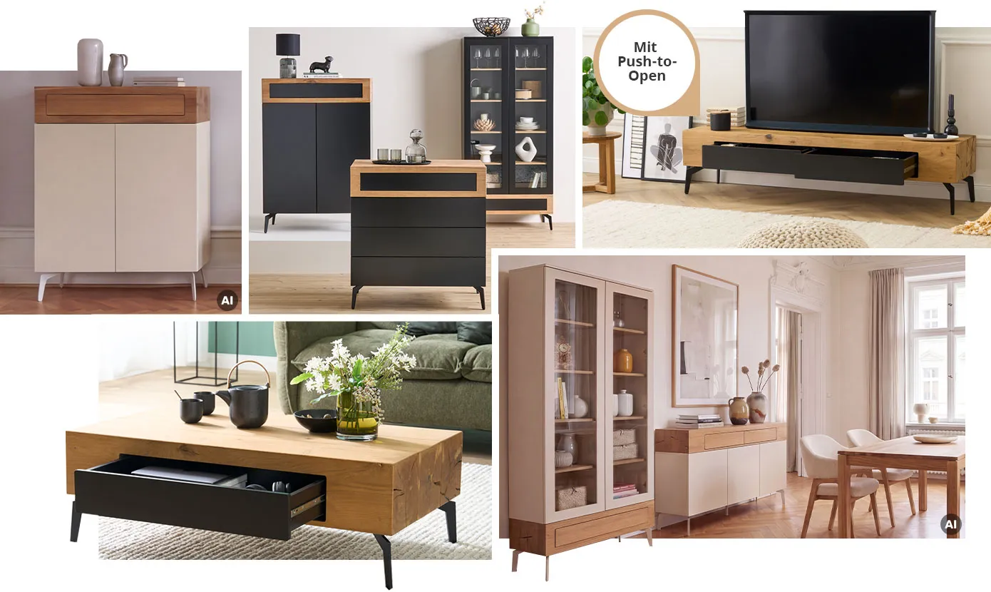 Collage. Bild 1, AI-generiert: kaschmirbeige Kommode mit Wildeichenabsetzung. Bild 2: schwarze Möbel mit Wildeichenabsetzung, bestehend aus Highboard, Kommode und Vitrine. Bild 3: Lowboard in Wildeiche und Anthrazit, Deko, mit Hinweis: Mit Push-to-Open. Bild 4: Couchtisch in Wildeiche und Anthrazit, Deko. Bild 5, AI-generiert: Esszimmer mit Möbeln in Kaschmirbeige und Wildeiche, bestehend aus Vitrine, Sideboard, Holztisch mit weißen Polsterstühlen und Holzgestell, Deko.