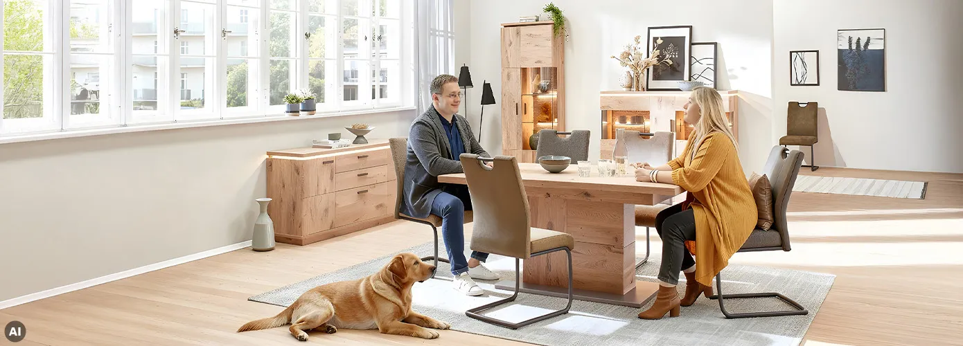 AI-generiert: Esszimmer mit modernen Möbeln in Holzoptik, Esstisch Holzdekor mit Säulengestell, 5 Polsterstühle mit Kufengestell