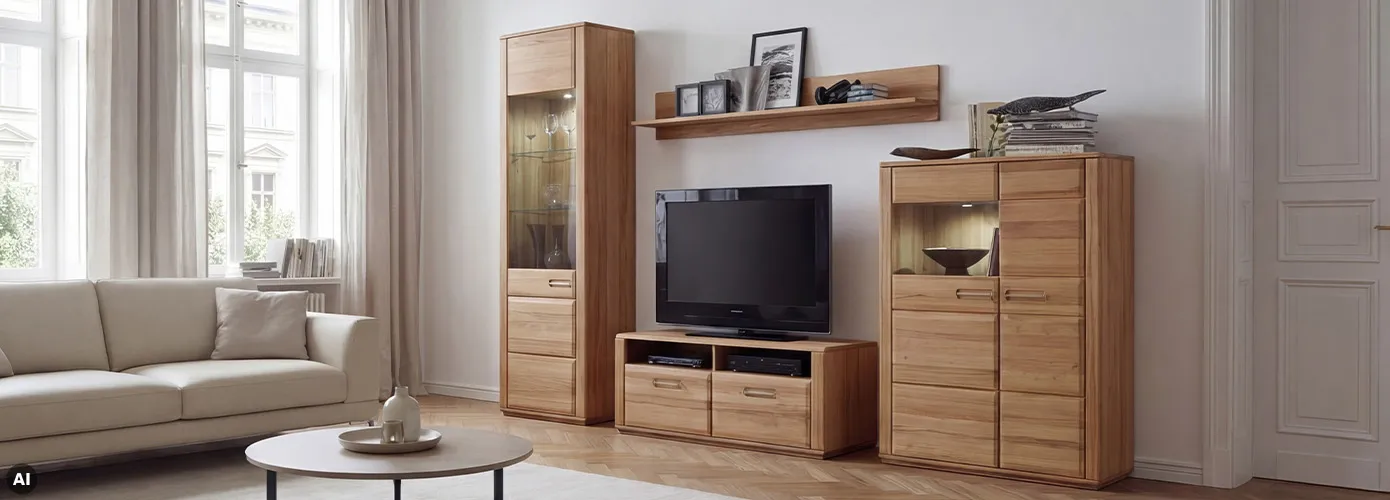 AI-generiert: Wohnzimmer mit Holzmöbeln in geradliniger Optik: Vitrine & Highboard mit Beleuchtung in den einsehbaren Fächern, Wandboard und TV-Element