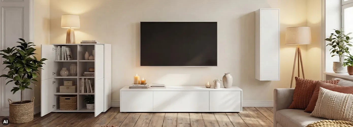 AI-generiert: Wohnzimmer mit weißen Möbeln, bestehend aus Highboard mit offenen Türen. Lowboard und Hängeschrank, Sofa mit Kissen, Deko und Grünpflanzen