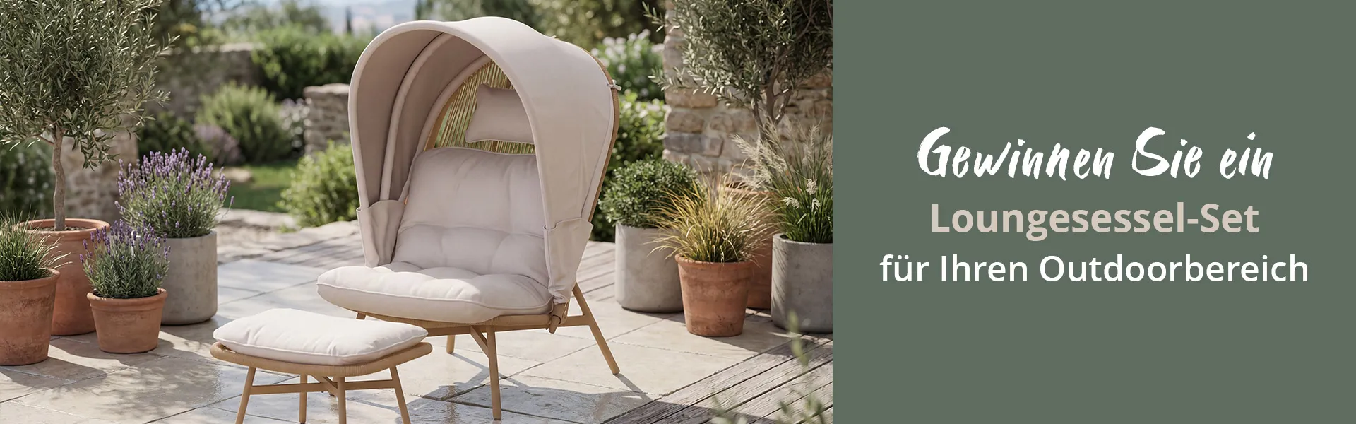 Gewinnen Sie ein Loungesessel-Set für Ihren Outdoorbereich, daneben Bild vom beigen Loungesessel mit rundem Sonnenschutz und passendem Hocker