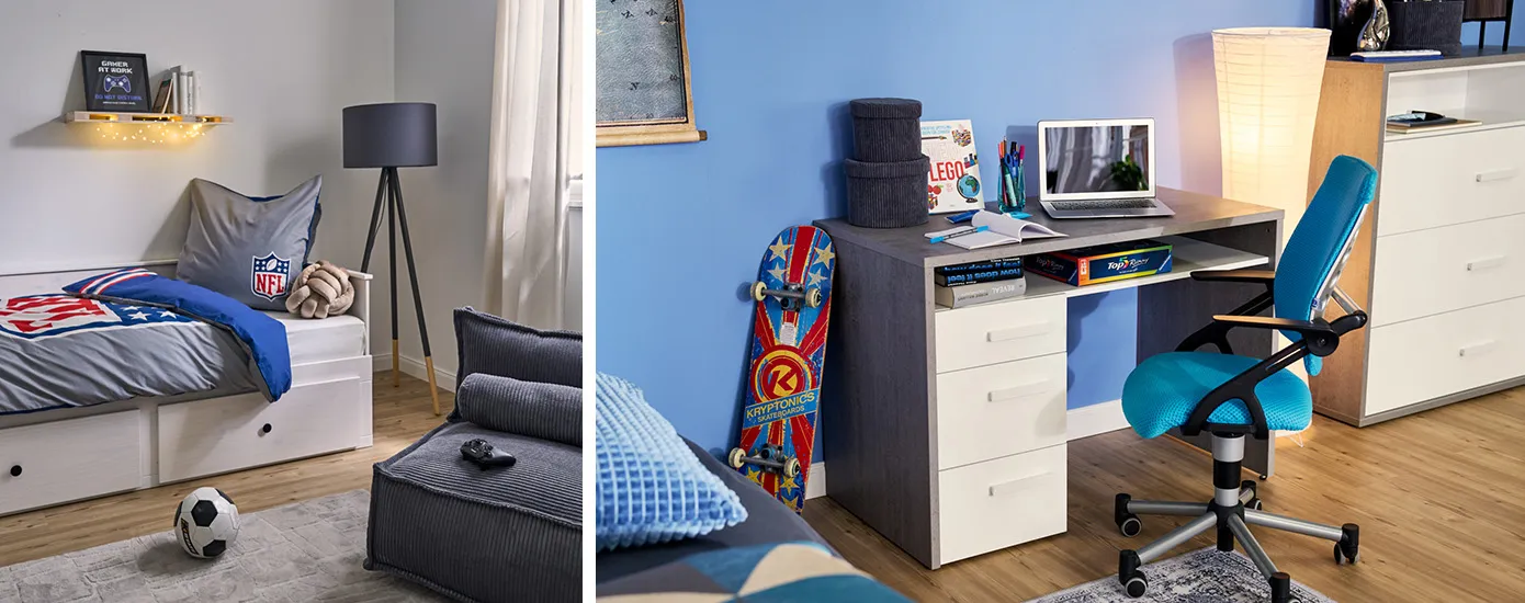 Jugendzimmer mit blauer Wand, davor Schreibtisch mit Laptop, Skateboard und blauem Drehstuhl