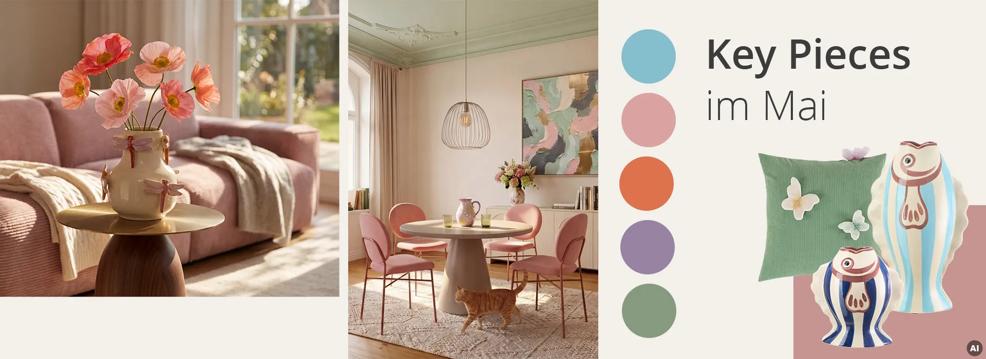 Bildcollage: Rosa Sofa, brauner Beistelltisch mit Libellenvase und orangenen Blumen, runder beiger Esstisch mit rosa Polsterstühlen und dünnem Gestell, grünes Kissen mit Schmetterlingen, zwei Fischvasen in blau beige gestreift und unterschiedlichen Größen