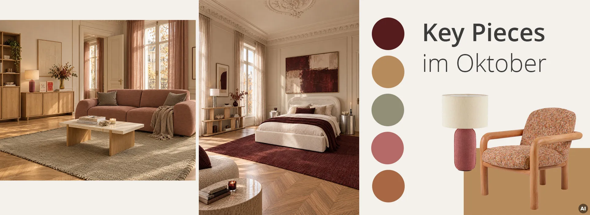 Key Pieces im Oktober Bildcollage: Wohnzimmer mit warmen Holztönen, Schlafzimmer in beige bordeaux