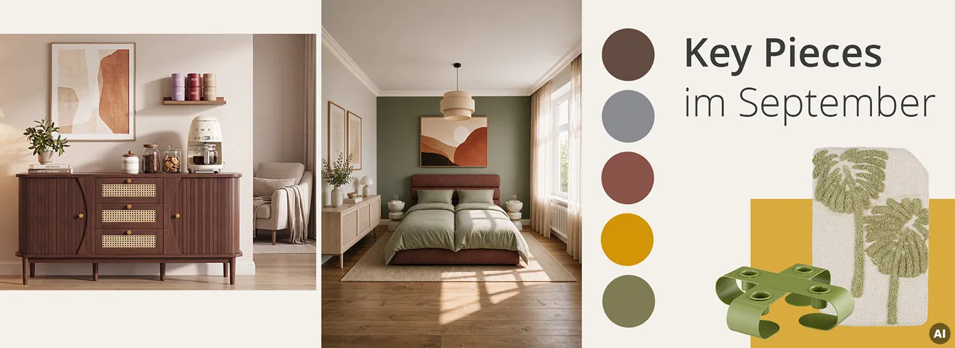 Bildcollage dunkle Holzkommode mit Rattanapplikationen, beige Kaffeemaschine, bunten Tassen und Keksen in Glasdosen, braunes Bett mir olivegrüner Bettwäsche vor grüner Wand und Lowboard aus hellem Holz, Freisteller grüner Kerzenständer und beiges Stoffwandbild mit grünen Palmen