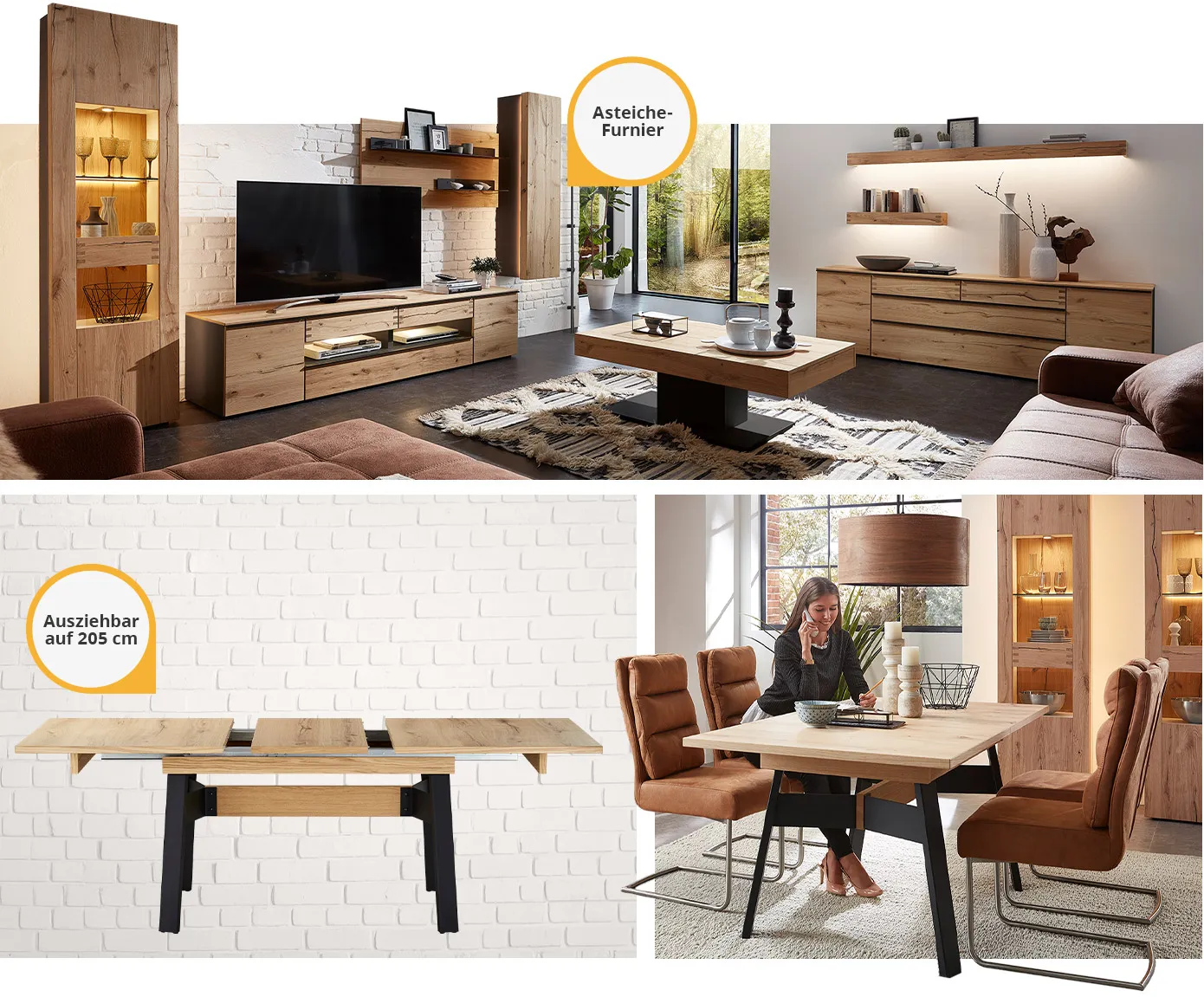 Collage aus 3 Bildern. Bild 1: Wohnzimmer mit Möbeln der Serie, Vitrine mit Beleuchtung, TV-Lowboard, Hängeschrank, COuchtisch, Sideboard und 2 Wandboards. Hinweistext: Asteiche-Furnier. Bild 2: Esstisch der Serie im ausgezogenen Zustand, Hinweistext: Ausziehbar auf 205 cm. Bild 3: Esstisch der Serie, dazu 4 braune Polsterstühle, 2 Vitrinen mit Beleuchtung