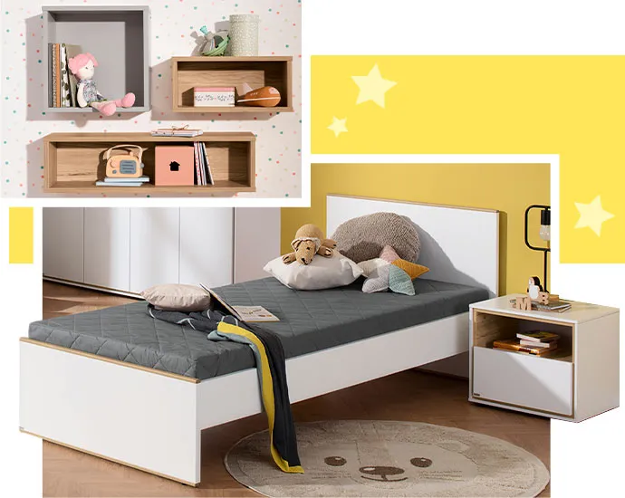 Collage aus 2 Bildern. Bild 1: Wandregale in Grau und Holzoptik mit Spielzeug und Deko an der Wand. Bild 2: Bettgestell und Nachtkommode, beide Weiß mit Holzakzenten in einem Kinderzimmer