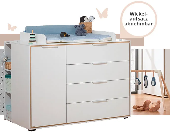 Wickelkommode in Weiß mit Holzakzenten, weißer Wickelaufsatz, weißes Unterstellregal, Wickelauflage, Spielzeug, Hinweis: Wickelaufsatz abnehmbar