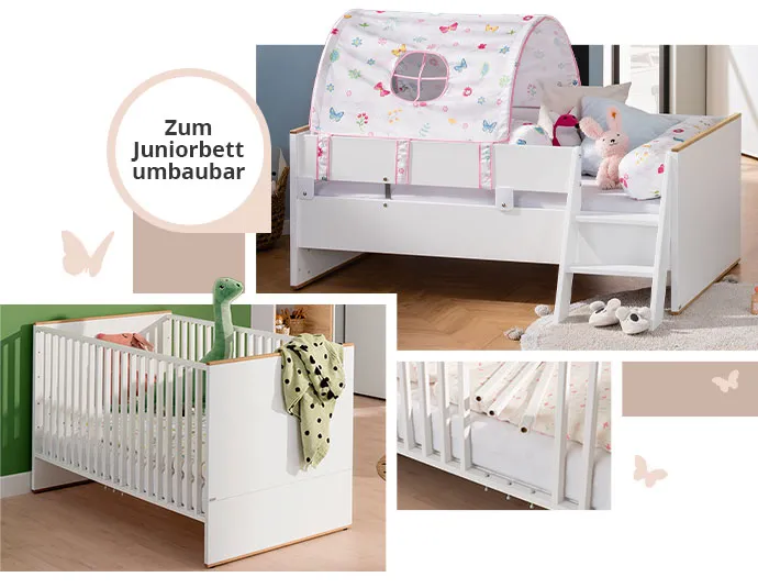 Collage aus 2 Bildern. Bild 1: Weißes Babybett mit Holzakzenten und Gittersprossen-Seiten, Baby-Textilien und Plüsch-Dino. Bild 2: Umgebautes Babybett in Weiß mit Holzakzenten und Umbauseiten, Absturzsicherung und Leiter. Hinweis: Zum Juniorbett umbaubar
