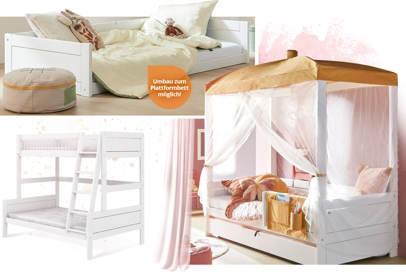 Collage aus 3 Bildern. Bild 1: bodennahes, weißes Montessoribett mit Hinweis "Umbau zum Plattformbett möglich!". Bild 2: Familienhochbett in Weiß, Liegefläche unten breiter als oben. Bild 3: Weißes Himmelbett in Kinderzimmer, dekoriert mit Himmel und bunten Kissen