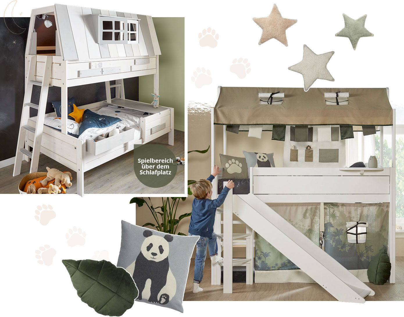 Collage aus 2 Bildern. Bild 1: Kinderzimmer mit Hochbett, weißes Holz, Liegefläche unten, Leiter seitlich, oben Spielbereich mit Dachkonstruktion. Bild 2: Kinderzimmer mit Hochbett in Weiß mit Rutsche, dekroeirt mit Dachzelt, Wimpelkette und Vorhängen. Daneben Kissen: Sternform, Blattform und mit Panda-Motiv