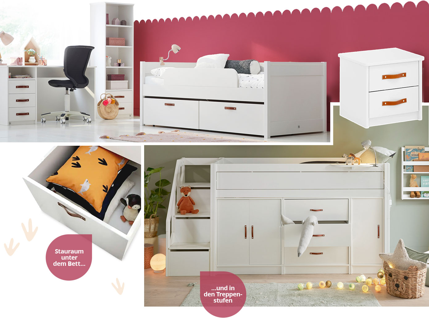 Collage aus 3 Bildern. Bild 1: Kinderzimmer mit Schreibtisch, Regal, Nachtkommode und Einzelbett in Weiß mit Ledergriffen. Bild 2: Unterbett-Schublade mit Kissen und Plüschtieren. Bild 3: Kinderzimmer mit Hochbett mit Treppe und Schränken unter der Liegefläche. Hinweistexte "Stauraum unter dem Bett und in den Treppenstufen"