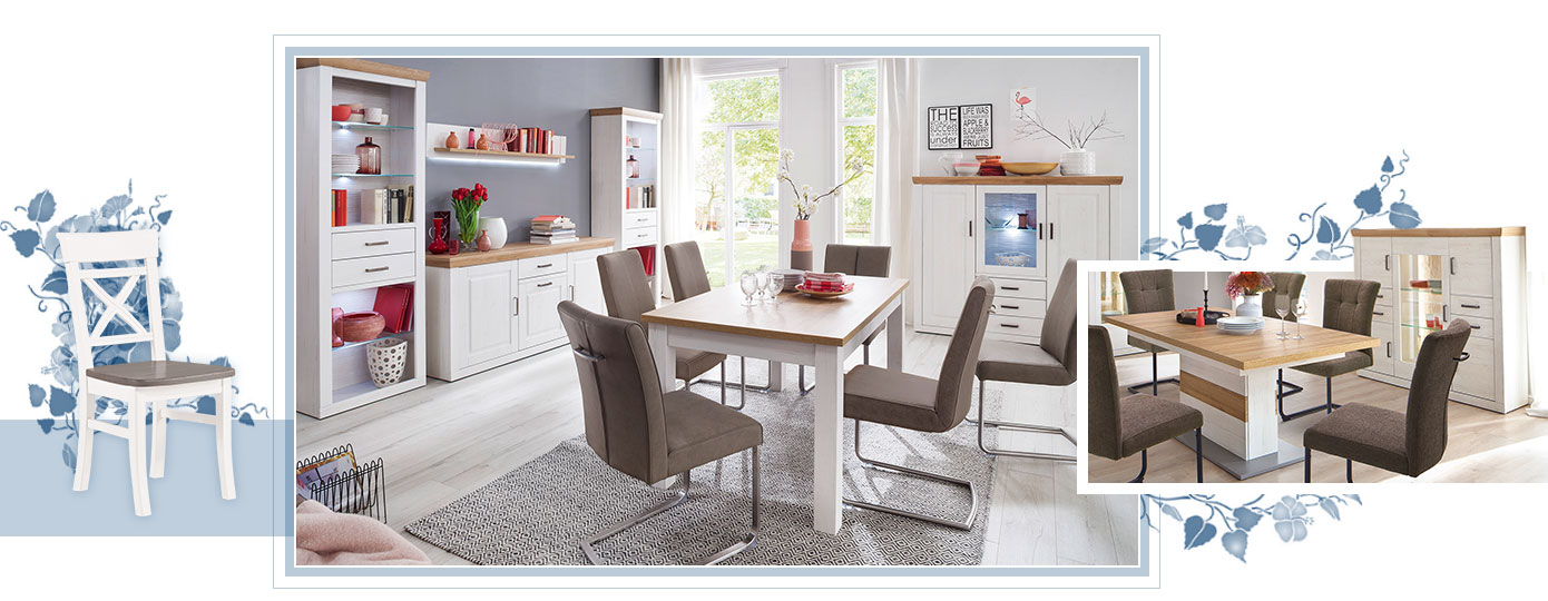 Collage aus 3 Bildern mit Illustrationen von Weinlaub in Blau als Verzierung. Bild 1: Holzstuhl im Landhauslook, Weiß mit grauer Sitzfläche. Bild 2: Esszimmeransicht mit Möbeln im Landhauslook. Bild 3: Esstisch mit Säulenfuß sowie Highboard mit Beleuchtung im Landhausstil.