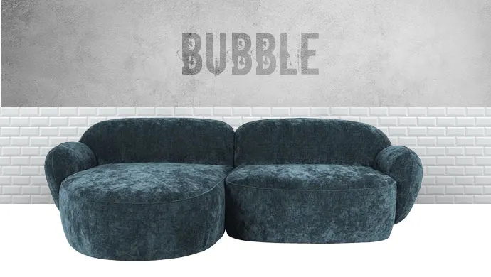 Bubble, großes Ecksofa in Blau mit runden Polstern