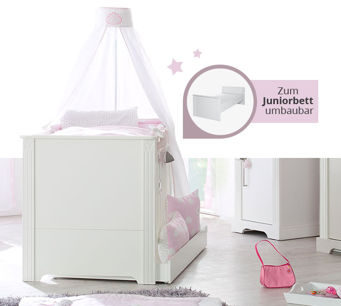 weißes Babybett im Landhausstil mit opionalem Betthimmel, Bettschubkasten, zum Juniorbett umbaubar
